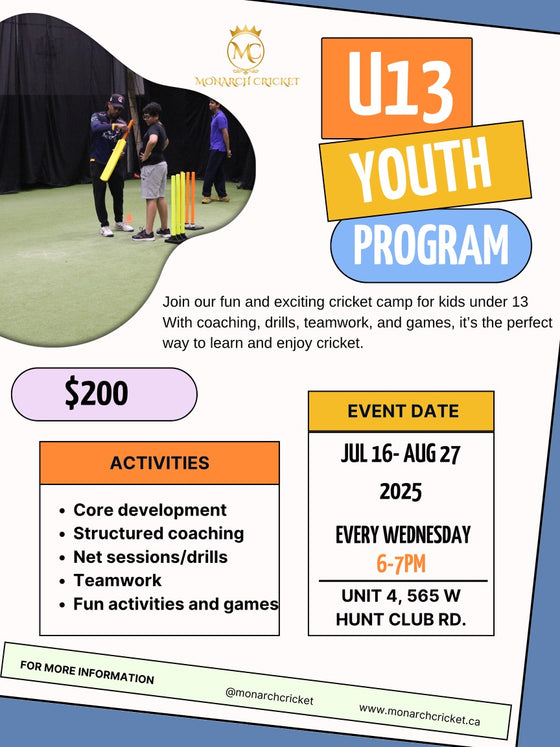 YOUTH CRICKET PROGRAM  SUMMER 2025 ( JUL 16 - AUG 28)