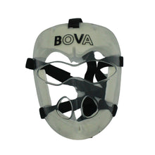  Clear face guard with black straps and 'BOVA' branding on a white background
