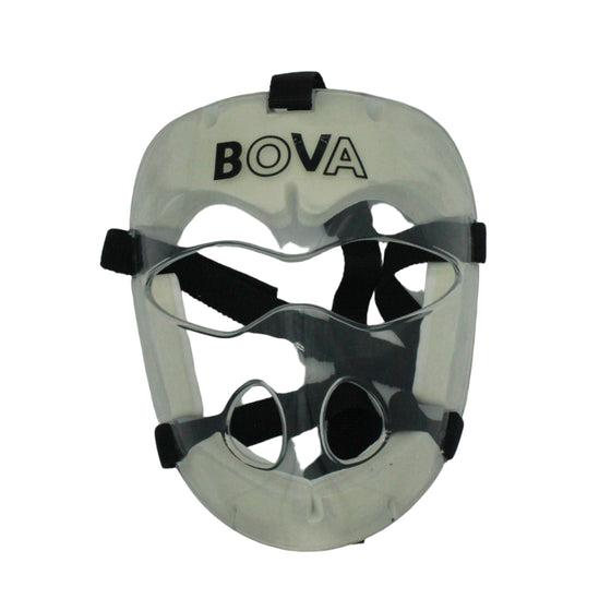 Clear face guard with black straps and 'BOVA' branding on a white background